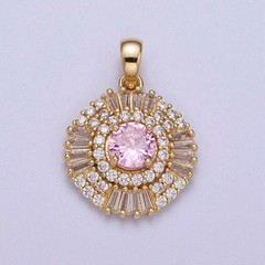 24K Gold Filled CZ Circle Pendant Pink Micro Pave Baguette Charm