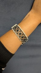 Adjustable Bracelets Pair Silver Tone Bangle Bracelets black Stones
