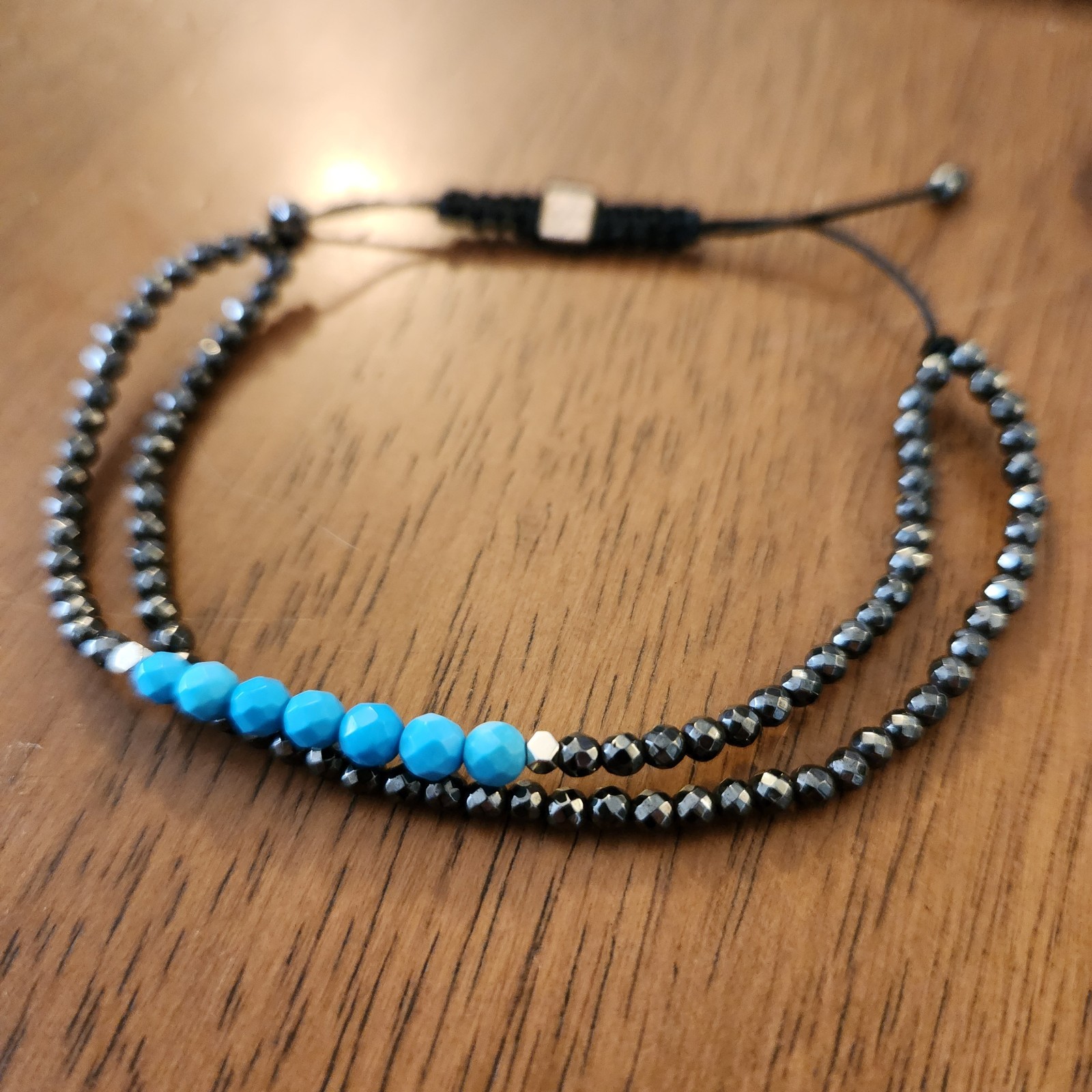 Karma & Luck Bracelet Hematite & Turquoise Birthstone Drawstring Womens gallery