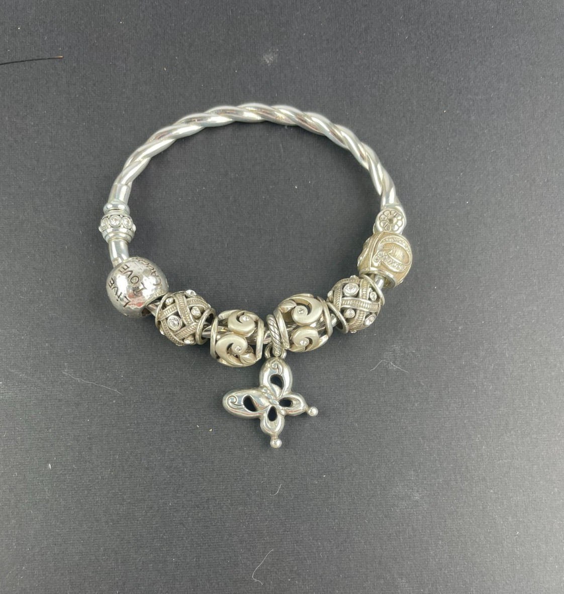 Silver Tone Charm Bangle Bracelet Scroll Beads Magnetic Snap - 9" Circumference gallery