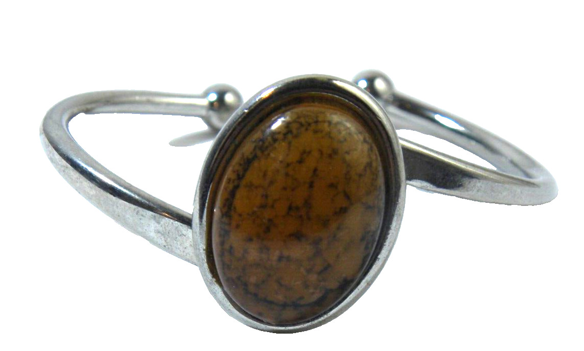 Vintage Statement Bracelet Cuff Brown Stone Silver Tone Asymmetrical gallery