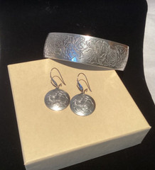 Vintage Kirk Stieff Pewter Etched Rose Cuff Bangle & Earrings Set 900-6