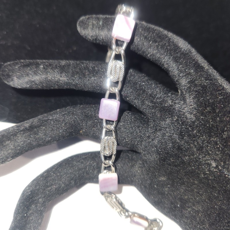 Vintage Silver Tone Purple Resin Square Link Bracelet 7 Inch Geometric Clasp gallery