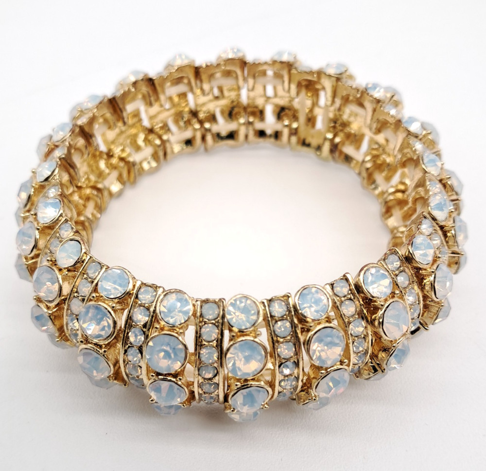 Gold Tone Faux Opal Cabochon Stretch Bangle Bracelet Blingy Statement Art Deco