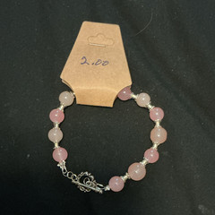 Pink White Round Beaded Bracelet Silver Tone Metal Lobster Clasp Closure