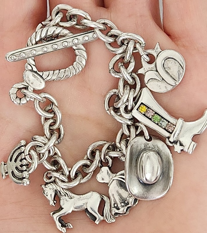 RARE! DANON ROLO LINKED CHAIN 6 LUCKY CHARMS HORSE /MENORAH CHUNKY BRACELET 8.25 gallery