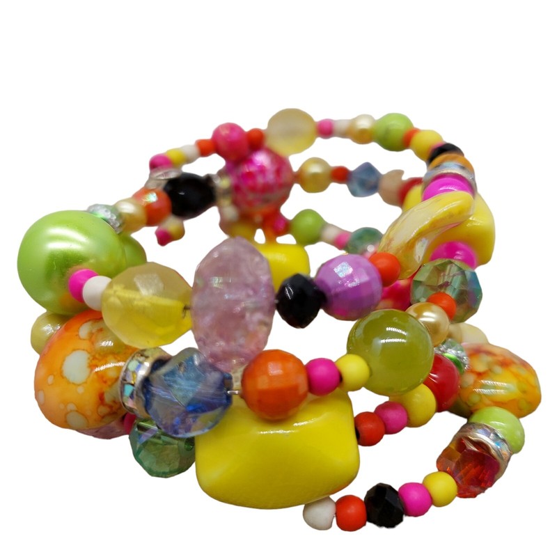 Multicolored Mix Beaded Wrap Coil Bracelet memory Wire set of 2 gallery