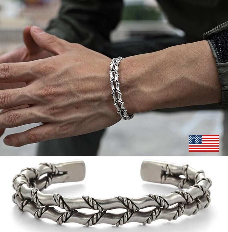 Men Bracelet Adjustable Open Bracelet Handmade Vintage Twist Cuff Silver Gift US gallery