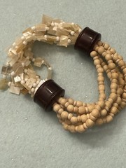 Multi Strand Mother Of Pearl W/wooden Beads Stretchy 7” Bracelet