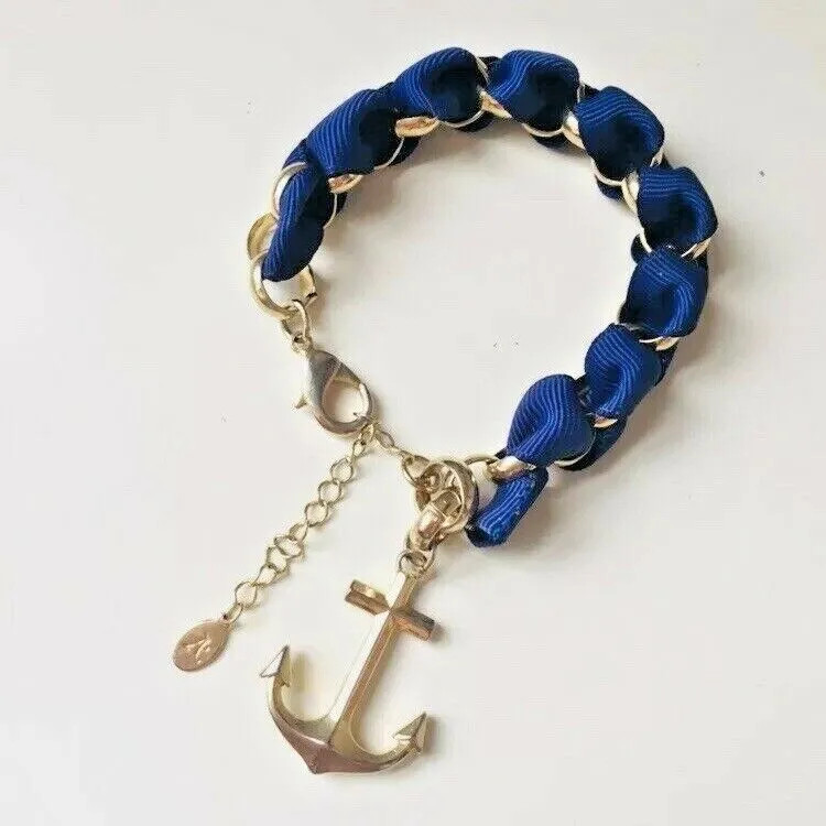 Accessorize Chunky Statement Bracelet Gold Tone Anchor Royal Blue Ribbon Cruise gallery