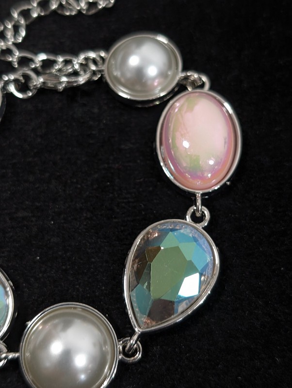 Silver Tone Pink Iridescent AB Crystal Faux Pearl Bezel Tennis Bracelet 9 in gallery