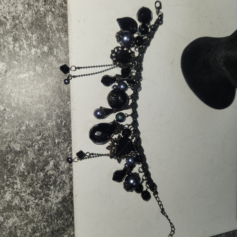 Black Gothic Charm Bracelet Gunmetal Crystal Pearl Witchy Victorian Statement gallery