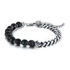 21+5cm Men Stainless Steel Polished Punk Vintage 8.5mm Chain Lava Stone Bracelet