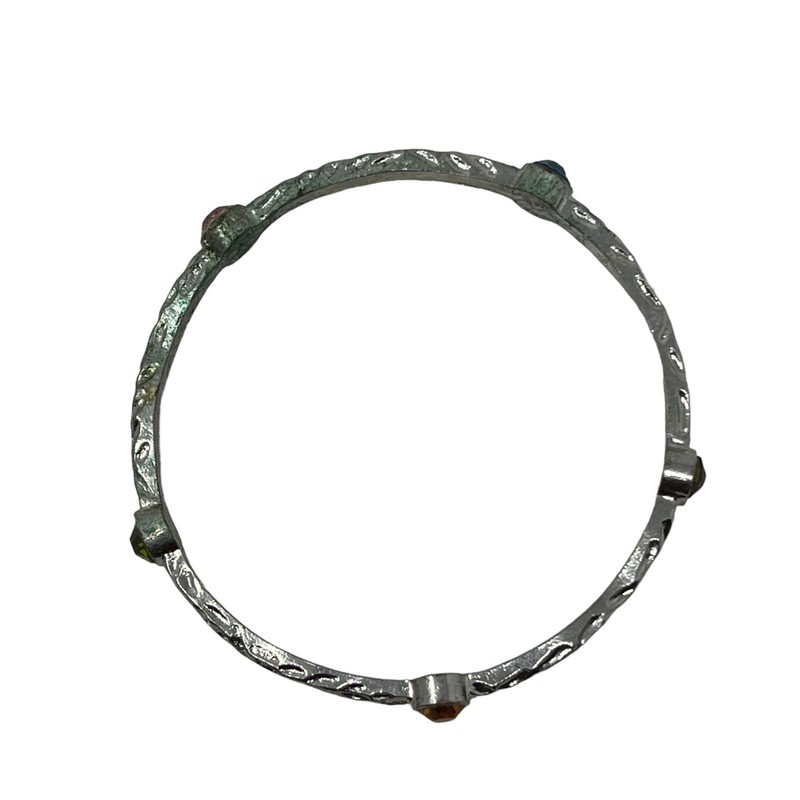 Bangle Silver Tone Multi Color Rhinestone Stations Hammered Texture Bracelet gallery