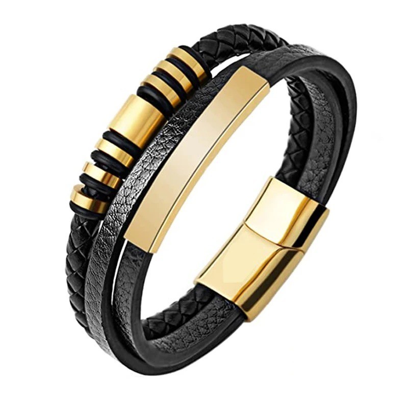 Mens Multilayer Leather Bracelet Stainless Steel Beads Jewelry Gift Band gallery
