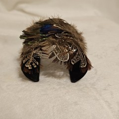 Cuff Bracelet With Peacock And Other Feathers