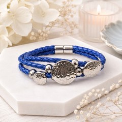Bracelet Blue Braided Faux Leather Hammered Silver Tone Discs Magnetic 7″