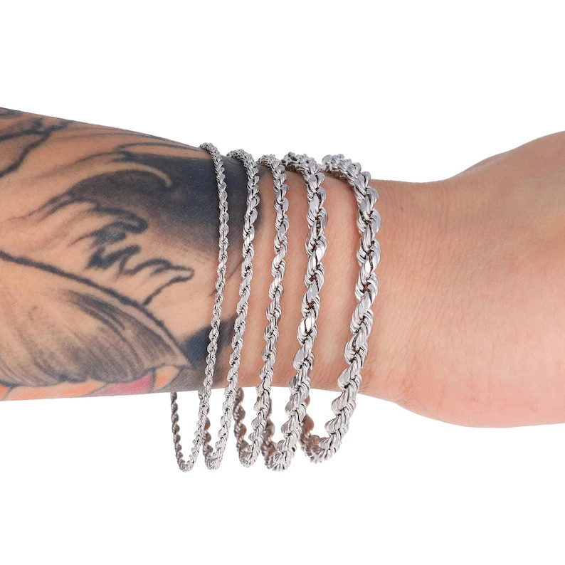 10K White Gold Rope Chain Bracelet Diamond Cut Real Gold 1mm-5mm 7-9in gallery