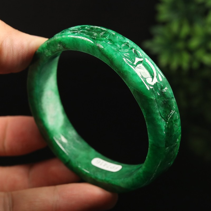 61mm Emerald Green Jadeite Jade Bangle Bracelet Coin Ruyi Flower Rabbit A-14885 gallery