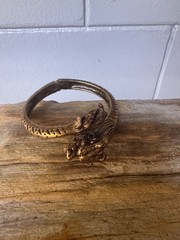 Lucky Brand Dragon Head Hinged Bangle Bracelet Antiqued Brass Tone Statement