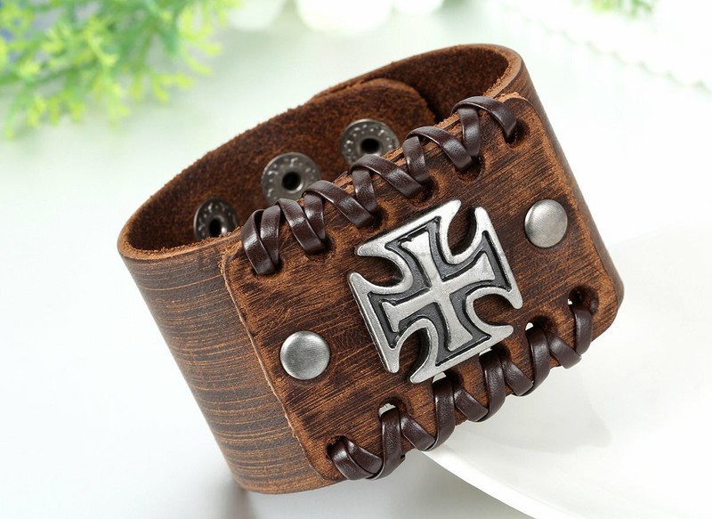 9.3" Men's Black Brown Wide Leather Bracelet Cuff w/ Silver Tone Cross New*44MM gallery