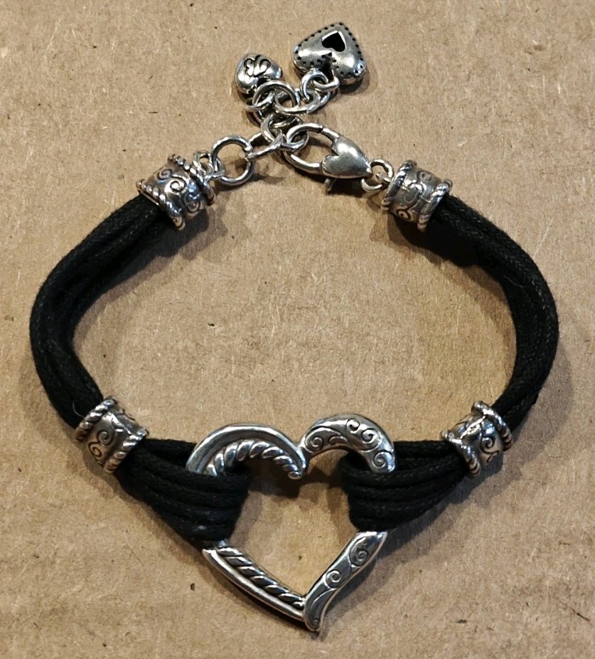 Brighton Heritage Heart Silver & Black Cotton Cord Strands Bracelet Jewelry gallery