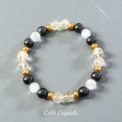 Citrine Selenite Black Tourmaline, Gold Plated Stainless Steel Spacers Bracelet