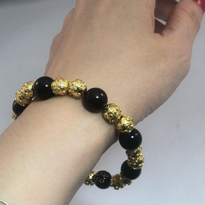 Gold Tone Black Bead Stretch Bracelet Filigree Engraved Script New with Gift Box gallery