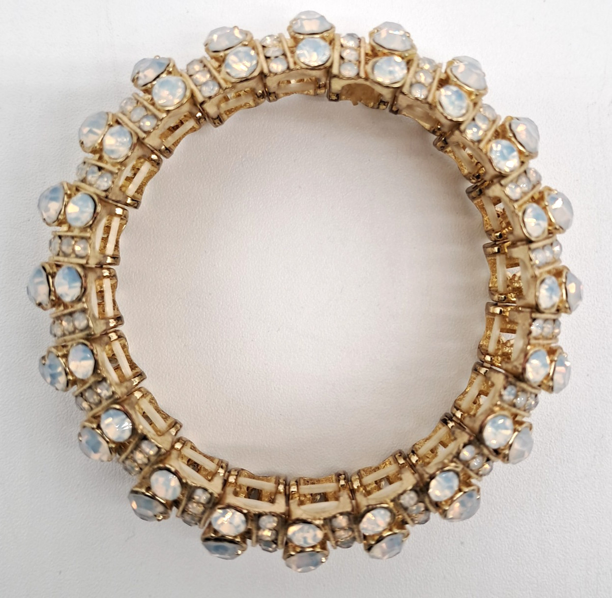 Gold Tone Faux Opal Cabochon Stretch Bangle Bracelet Blingy Statement Art Deco gallery