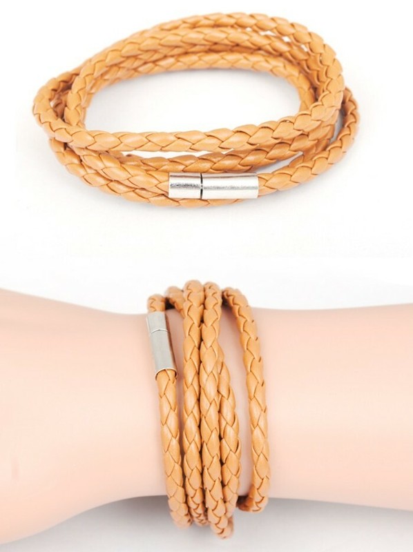 Men's Women's Silver Stainless Steel Magnetic Clasp Braided Leather Bracelet New gallery