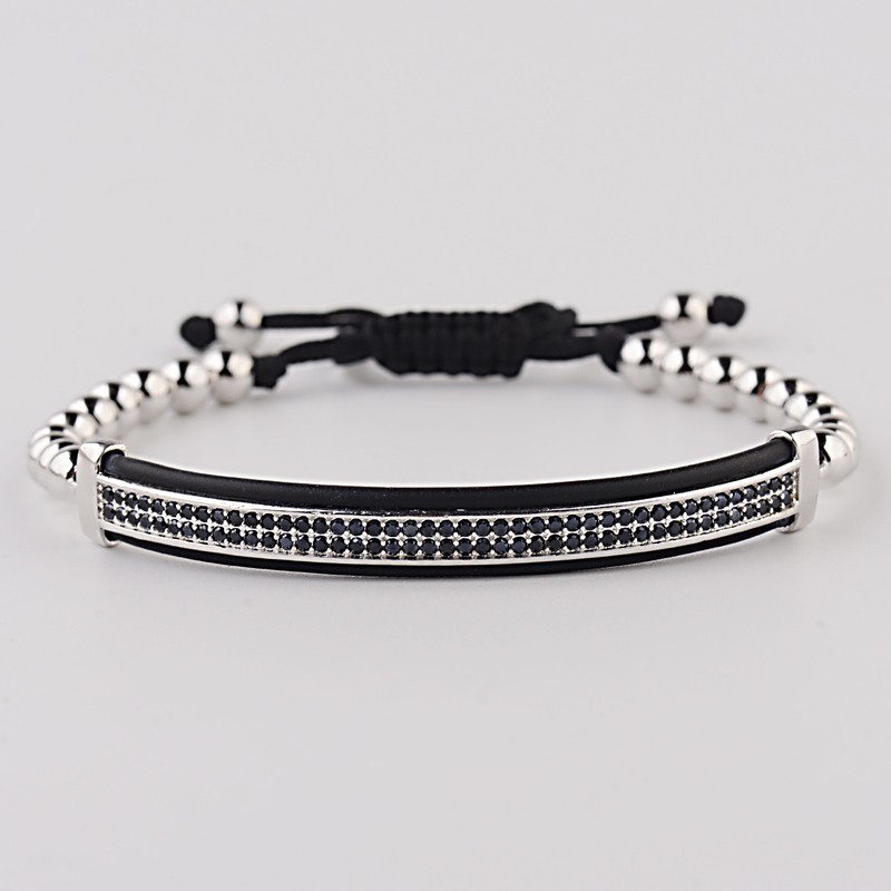 Luxury Men's Silver Plated Micro Pave CZ Ball Crown Braided Adjustable Bracelets gallery