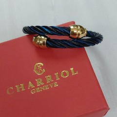 Charriol Blue Stainless Steel Cable Cuff Bracelet Gold Tone Ends Open Stackable