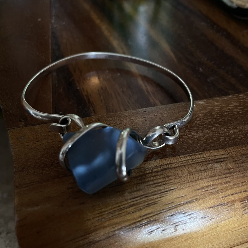Sterling Silver Bangle Bracelet Hook and Eye Clasp Blue Sea Glass Artist Made gallery