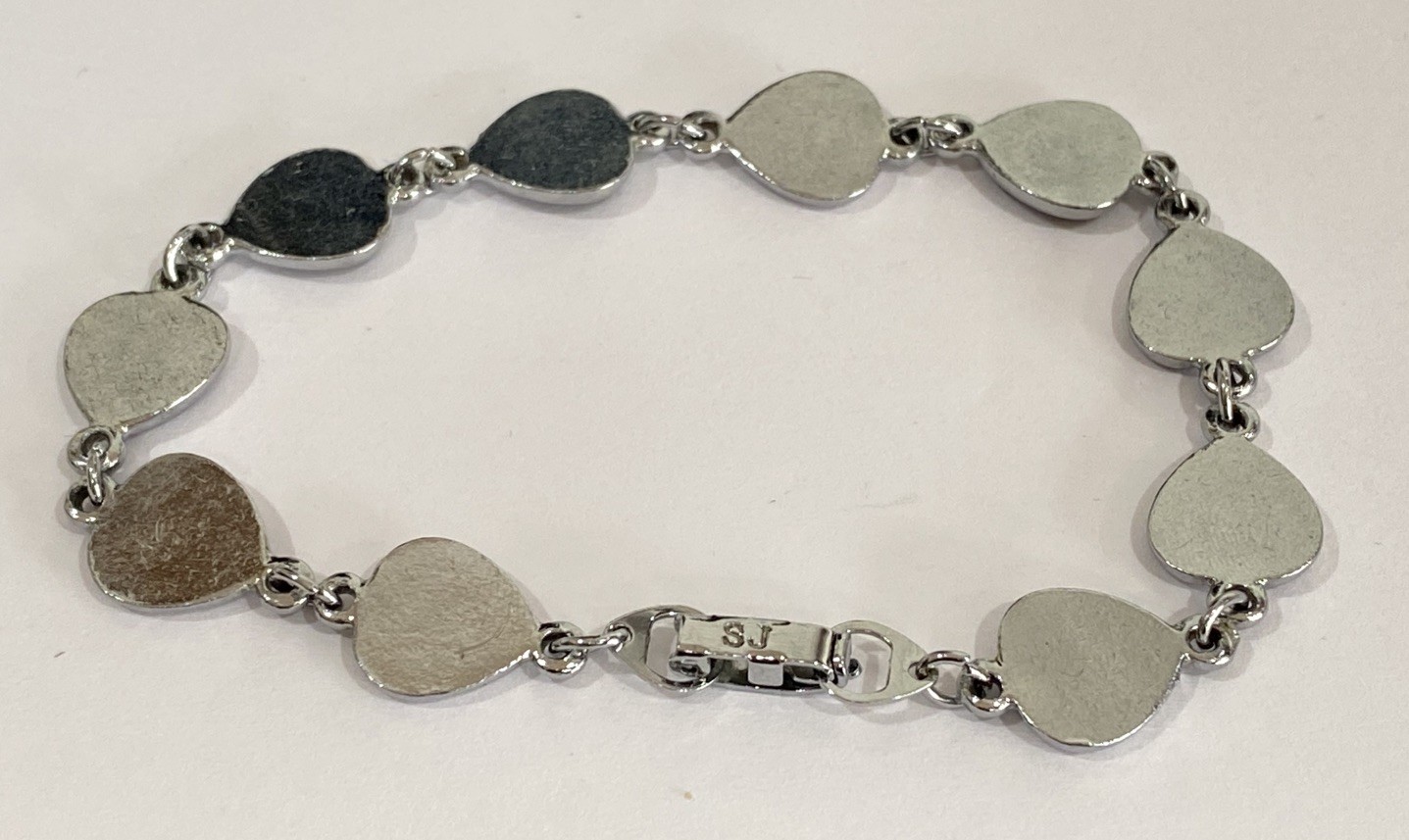 Abalone Shell Heart Bracelet Silver Tone Vintage SJ Stamp 8” gallery