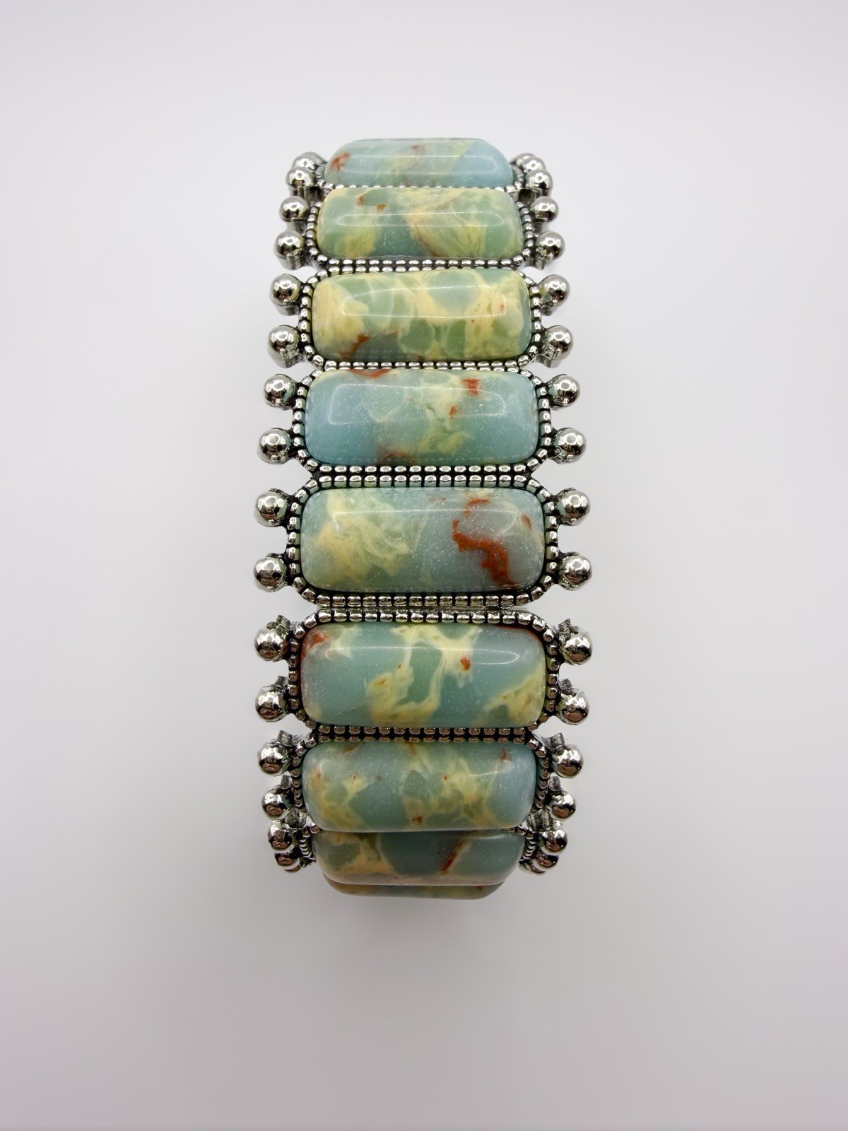 Turquoise Jasper Look Panel Stretch Bracelet Silver Tone Boho Southwestern gallery