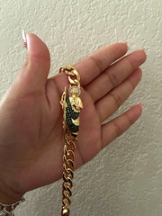 Gold Tone Curb Link Chain Charm Bracelet Religious Dangle Green Pavé Crystals