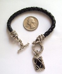 Black Leather Braided Bracelet w/Silver-Tone & Black Dangle Charm