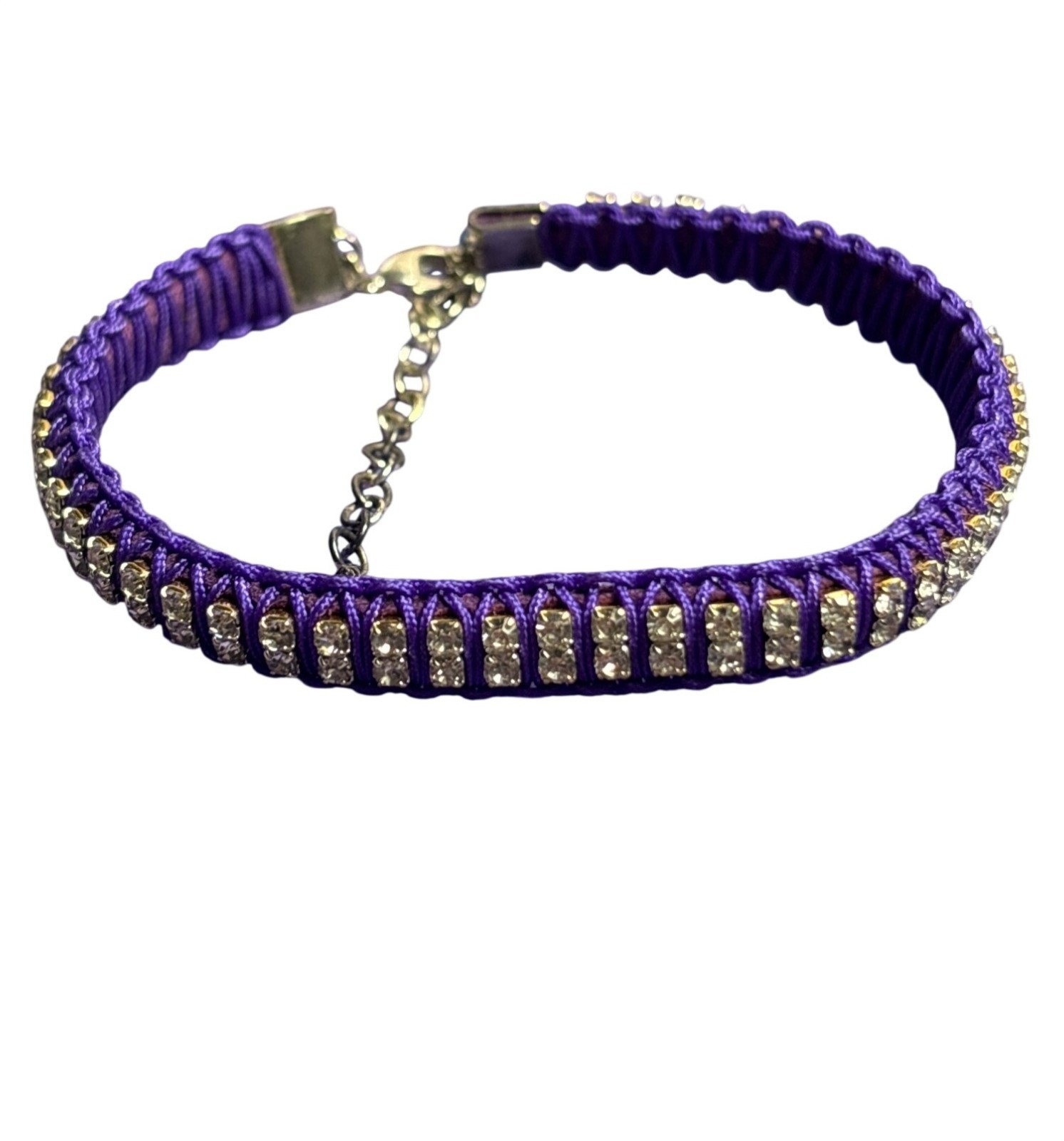 Purple Cord Clear Rhinestones Bracelet Silvertone 7 - 9 inches Long gallery
