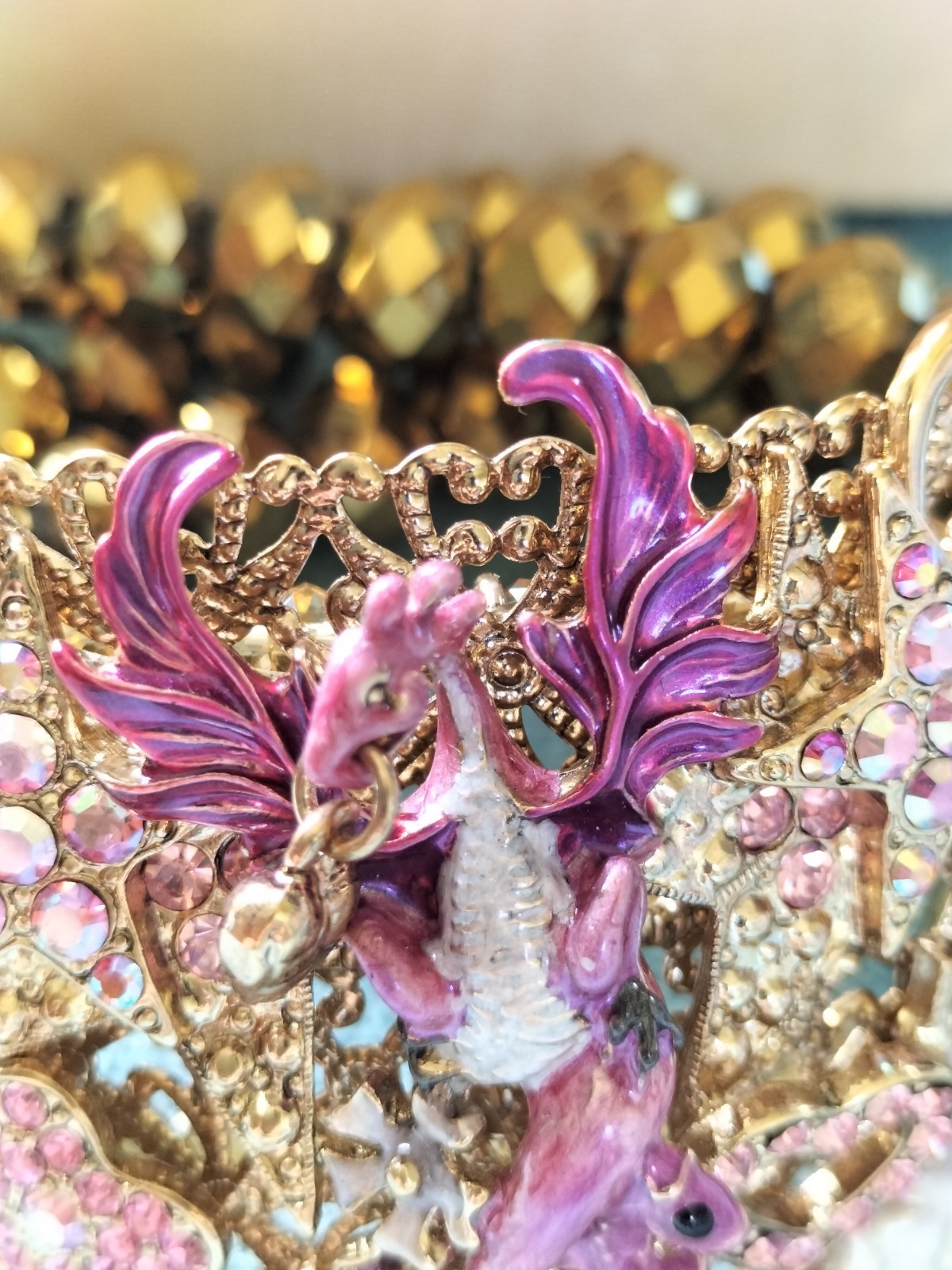 Kirks Folly Bracelet, Dragon & Castle Gold Stretchy Bead Bracelet Fairytale gallery