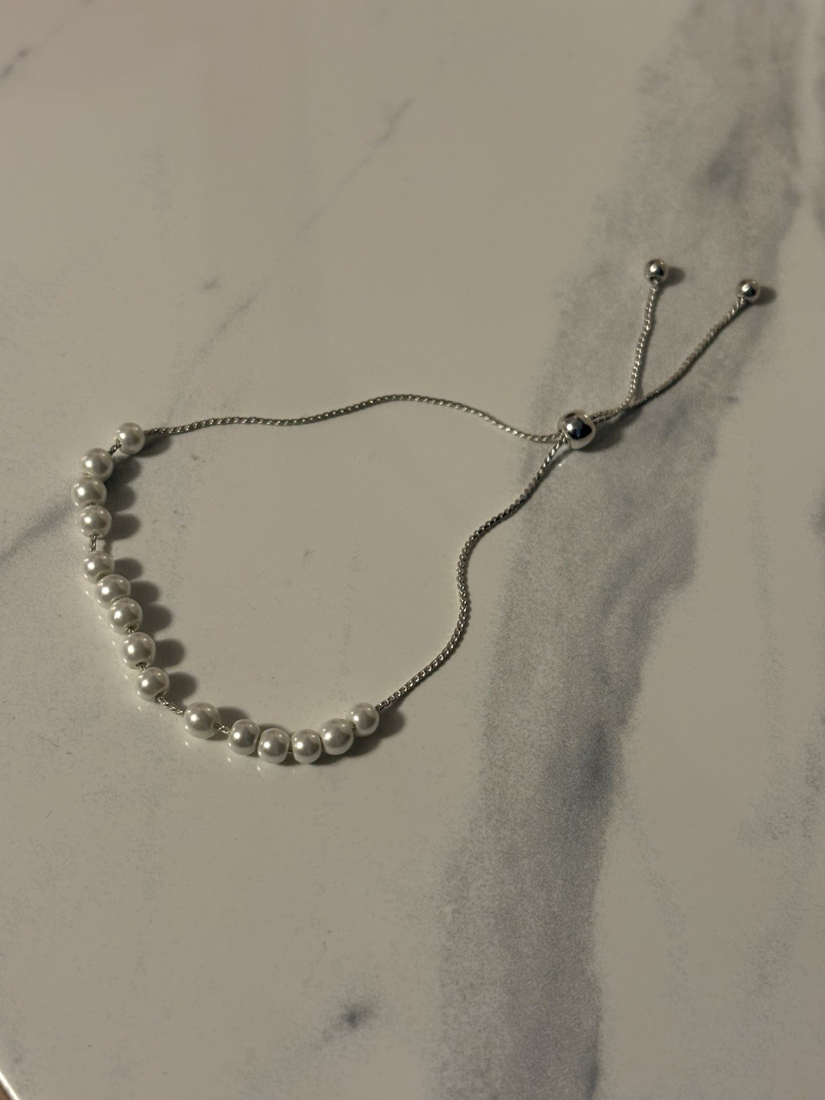 Silver Beaded Adjustable Bolo Bracelet with White Round Imitation Pearl gallery