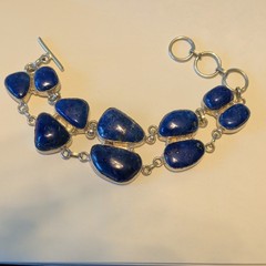 Lapis Lazuli bezel set gemstone toggle bracelet, stamped 925 sterling silver