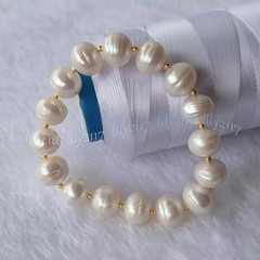11-12mm Natural South Sea White Baroque Rondelle Pearl Elastic Bracelet 8 inch