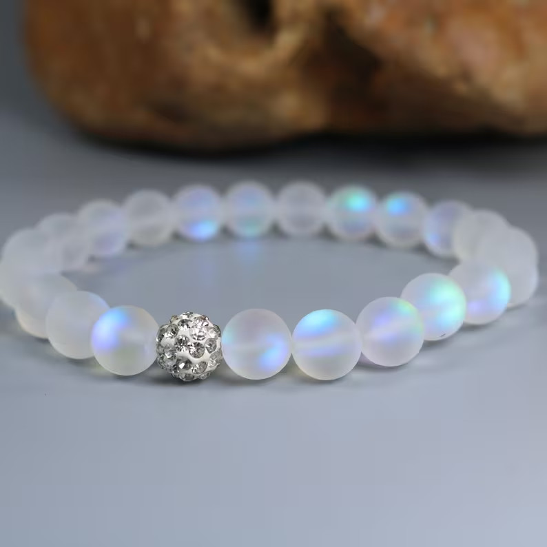 Glowing Moonstone Beaded Bracelet Delicate Healing Balancing Stretch Bracelet gallery