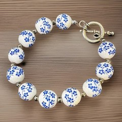 China Blue & White Porcelain Beads Toggle Clasp Bracelet Cottagecore Grannycore