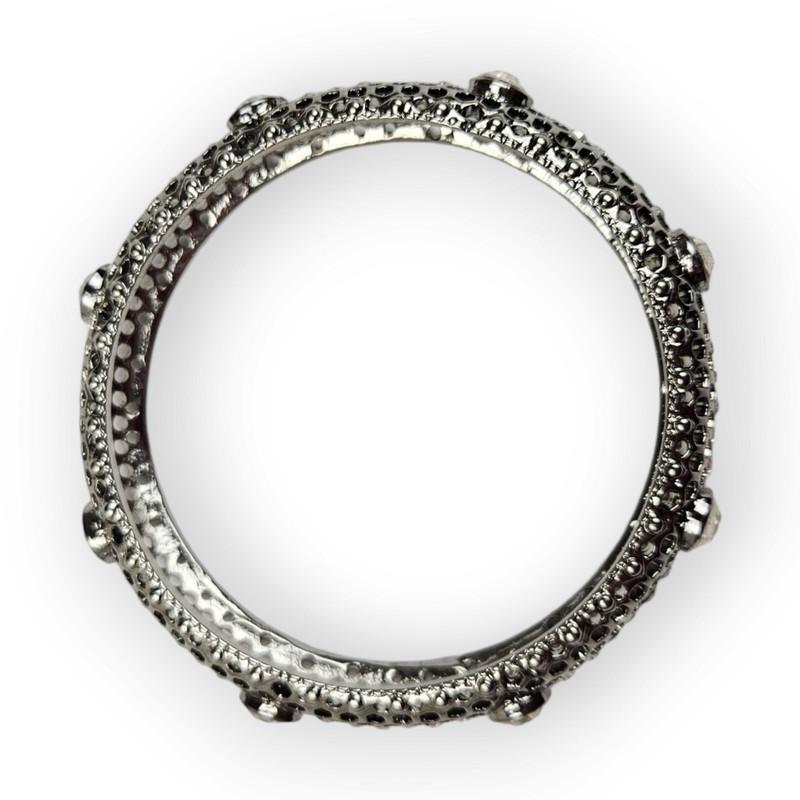 Rhinestone Bangle Bracelet Chunky Perforated Dark Silver Tone Curved ~9" Around gallery