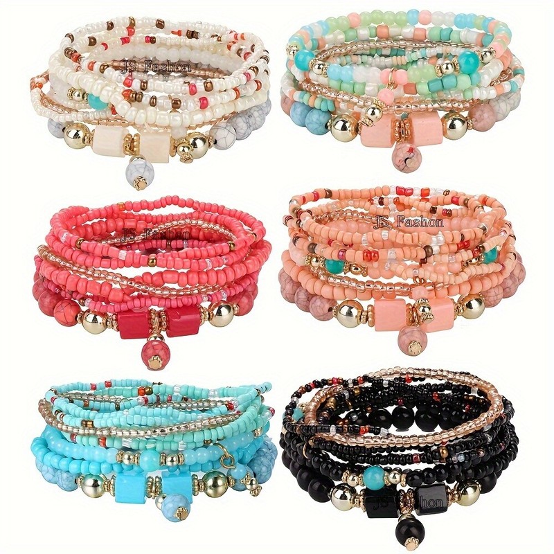 6 SET Bohemian Stacked Bead Bracelet Multi-Layer Elastic Multi-Color Jewelry Set gallery