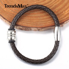 6mm 7-10″ Brown Man-made Braided Leather Rope Bracelet Magnetic Clasp Bead Charm
