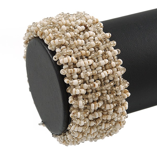 Trendy White/ Transparent Gold Glass Bead Flex Cuff Bracelet - Adjustable gallery