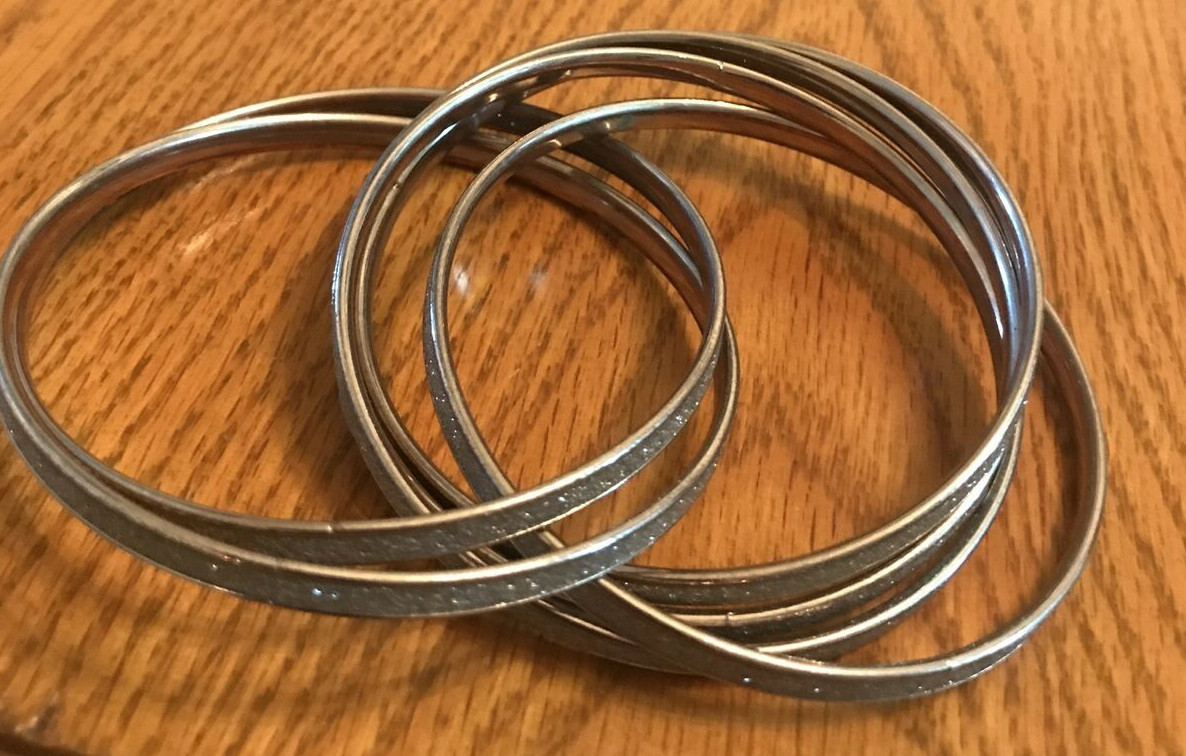 6 Dangle Bracelets Silver Tone Glittery Copper Trim Adult Size Intertwined gallery