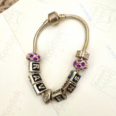Silver-Tone Snake Chain Charm Bracelet Letter Beads Purple Crystal Barrel